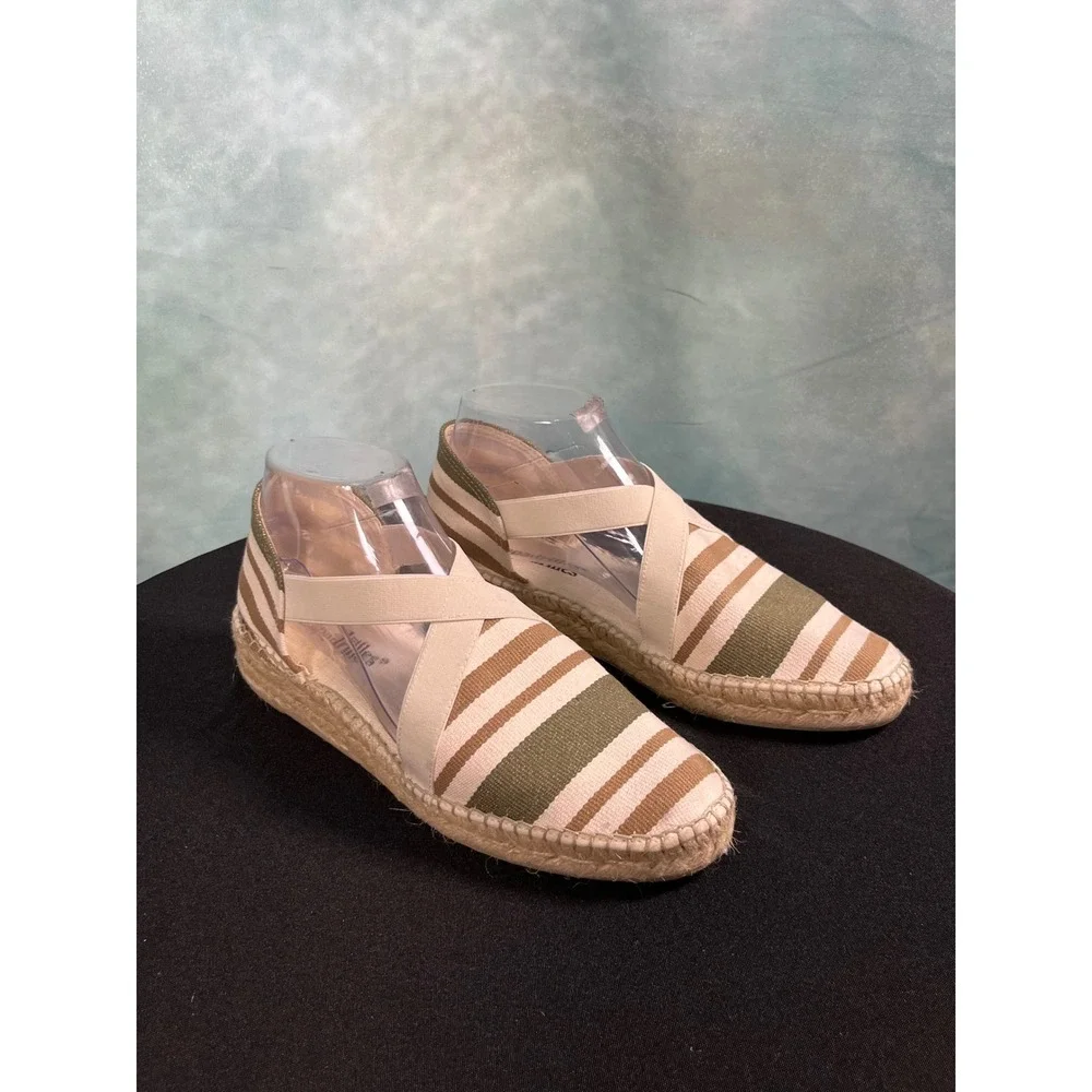 2Espadrilles‎ Women Striped Canvas Elastic Strap Espadrille Flats Olive Tan 39
